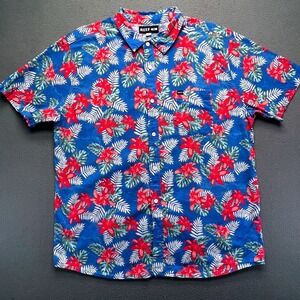 REEF Men Hawaiian Shirt Tropical Hibiscus Floral Blue Cotton Surf Beach XL